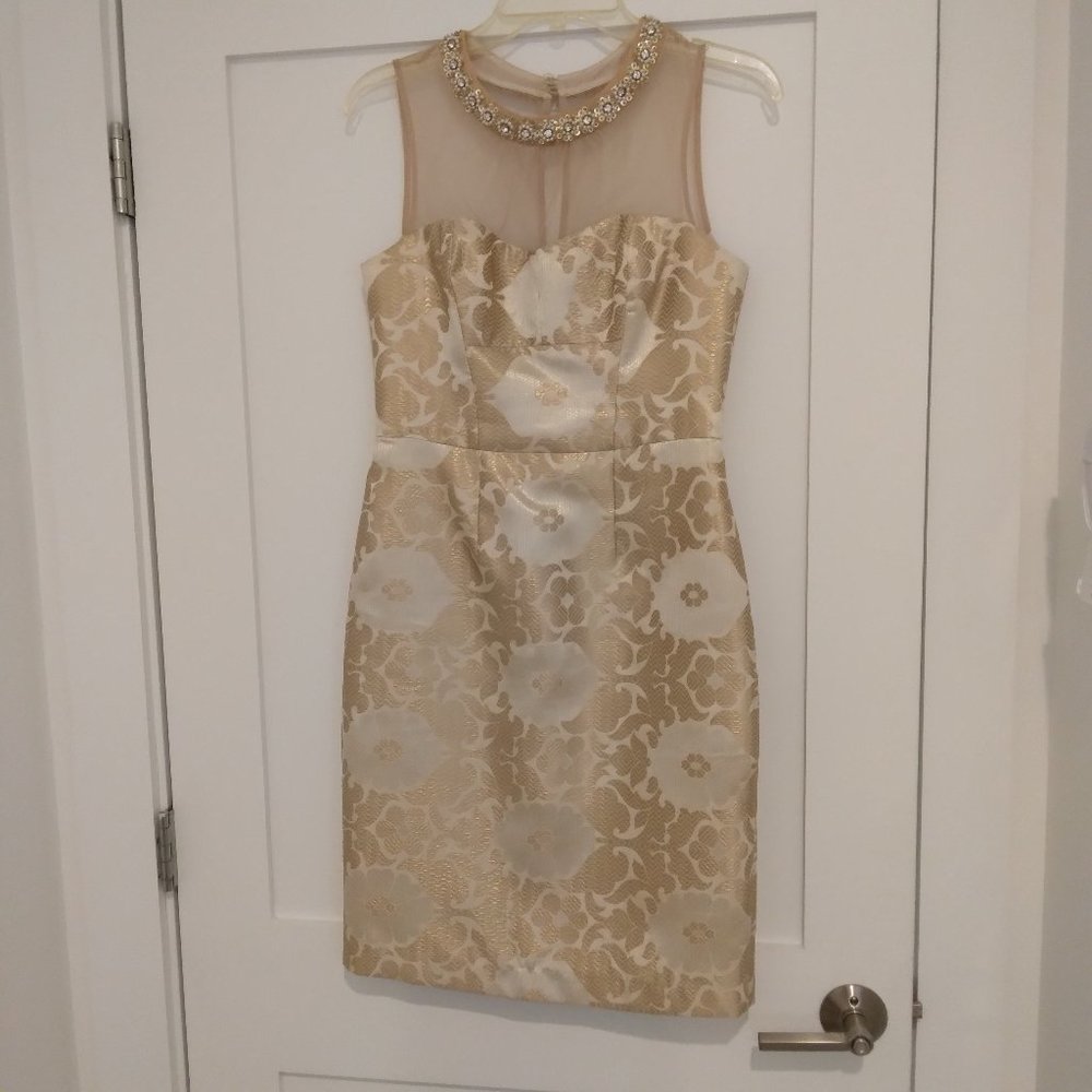 MAGGY LONDON GOLD BROCADE ILLUSION MESH DRESS SIZE 4